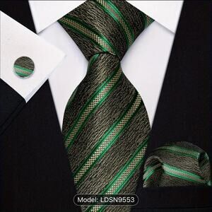 Men’s Silk Coordinated Tie Set - Lime Green and Green Gold Black Stripe